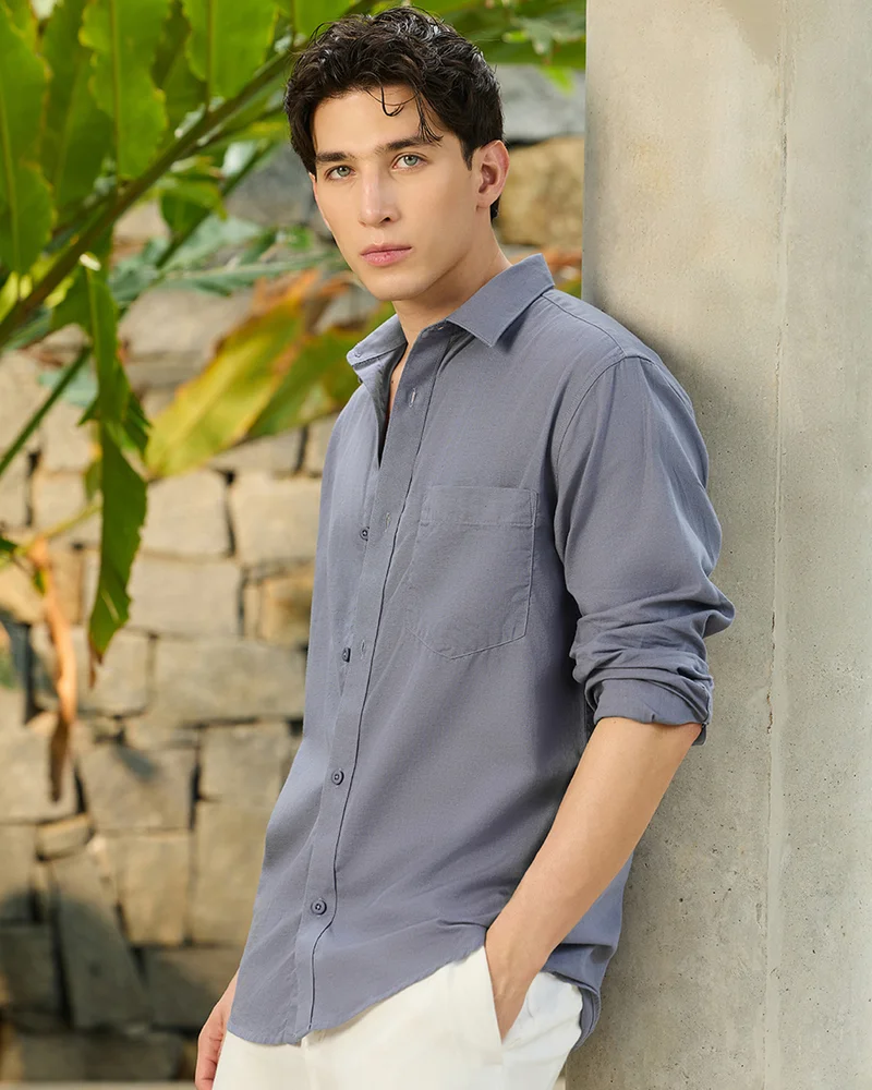 bewakoof Men's Dark Grey Cotton Linen Shirt